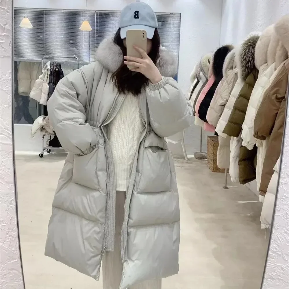 90% Mantel Daunen jacke Frauen Luxus Oberbekleidung langen Puffer Mantel warme weibliche flauschige Parkas lose 2024 Kragen