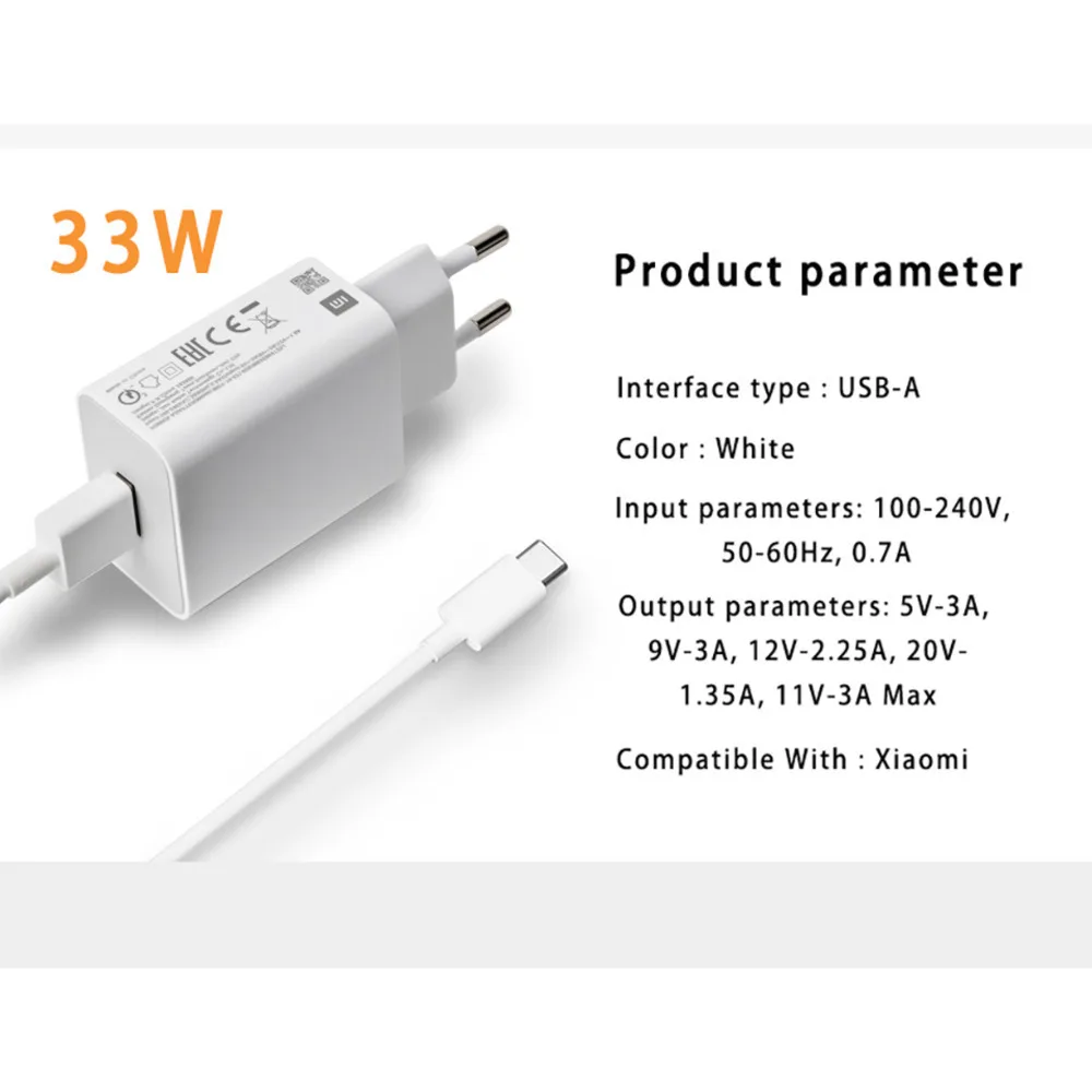 Original Xiaomi Mijia 33w Charger EU Adapter Turbo Fast Charge Usb Type C Cable Poco X5 X4 M5S X3 Pro Redmi Note 12 13 12R 13R