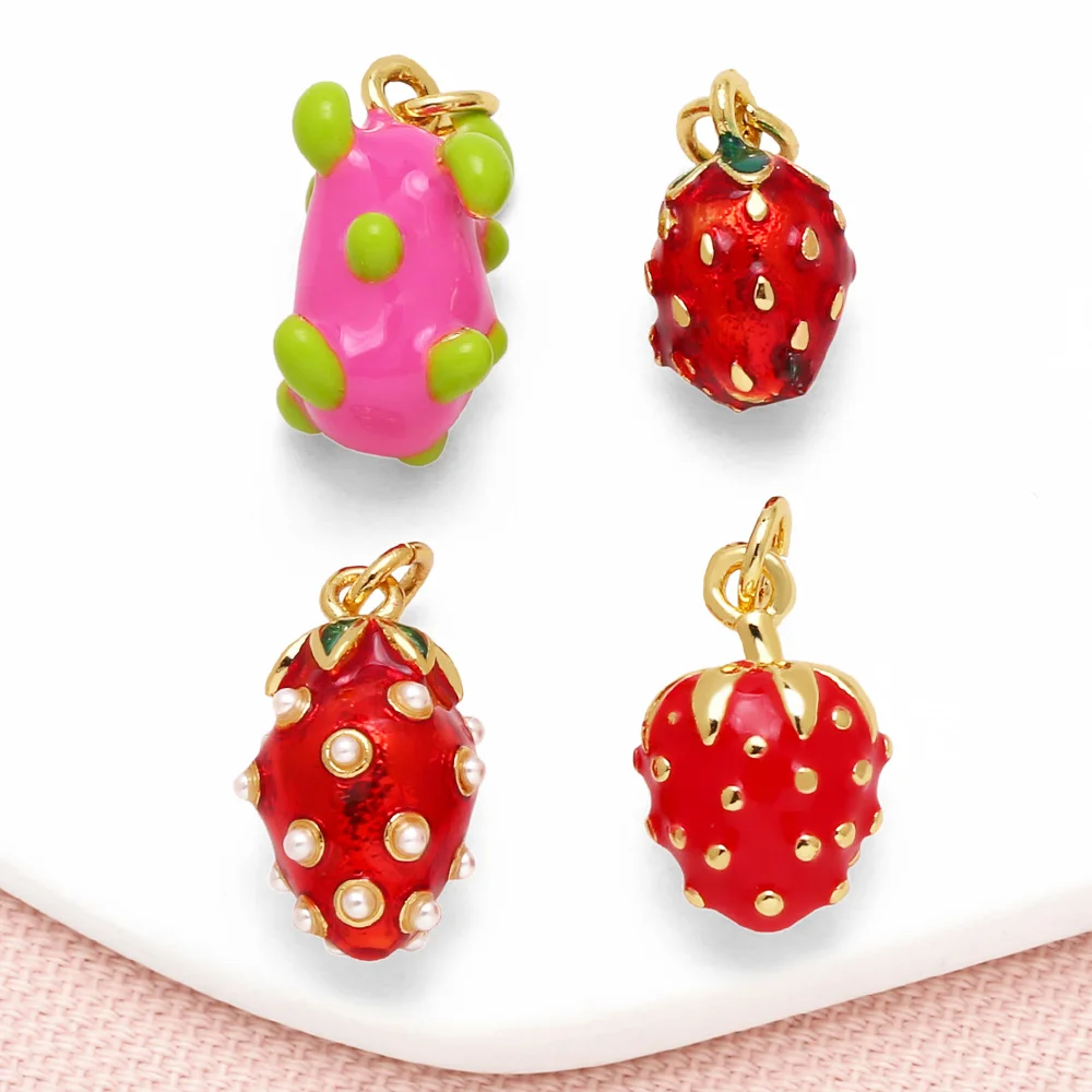 OCESRIO, fresa esmaltada roja a la moda para pulsera, cobre chapado en oro, fruta Pitaya, accesorios para hacer joyas chma325