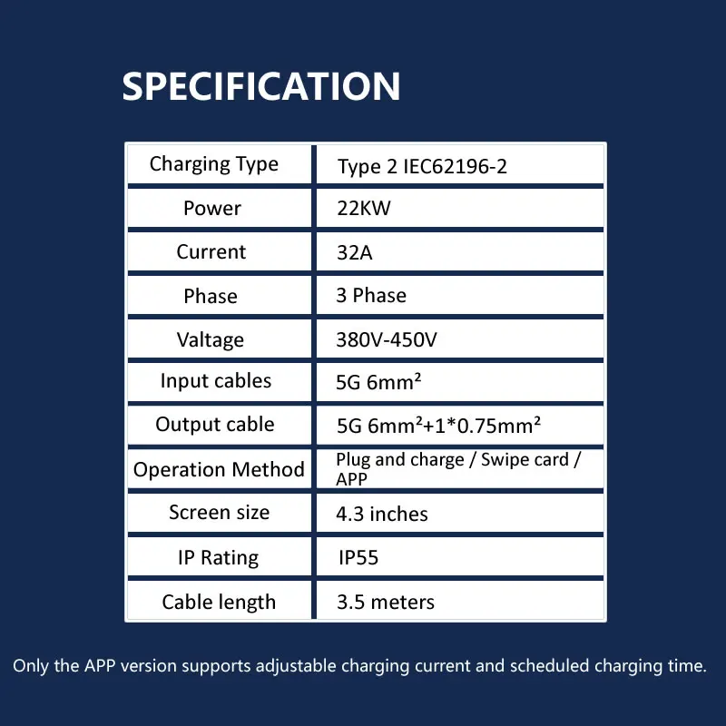 JIGU 22KW WiFi APP Electric Car Charger Charging Cable Vehicle 3Phase 32A EV Charger Type 2 Wallbox Car Charging Station 380V