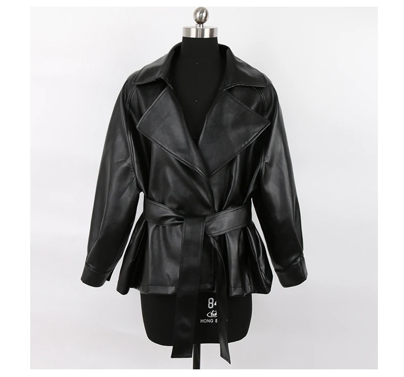 Nerazzurri Spring Autumn Short Brown Black Soft Light Faux Leather Jackets for Women Belt Lapel Casual Loose Korean Fashion 2022