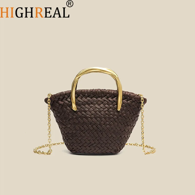 

Straw Beach Bags For Women Luxury Designer Handbags And Purses New In Papyrus Weaving Metal Top Handle Chain Strap Shoulder