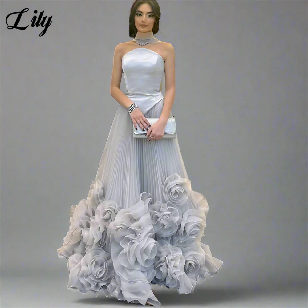

Lily Light Gray Evening Dresses Halter - Neck Pleated Tulle Formal Occasion Dresses with 3D Floral Dresses For Prom Customized