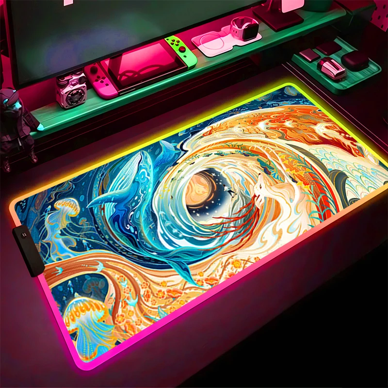 

RGB светодиодный коврик для мыши, резиновый HD коврик для мыши с рисунком, игровой коврик, аксессуары для ПК, настольный коврик, нескользящий коврик для стола, офисный коврик для клавиатуры с облаком и китом