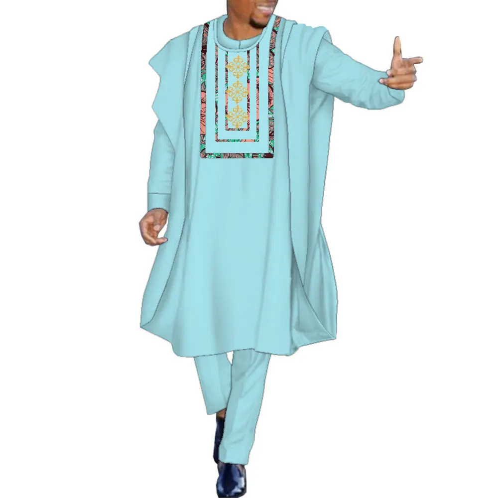 Men Suits Traditional African Clothing 3 Pieces Set Men Blouse Gown Pants African Print Patchwork Solid Color Pants Set WYN1255
