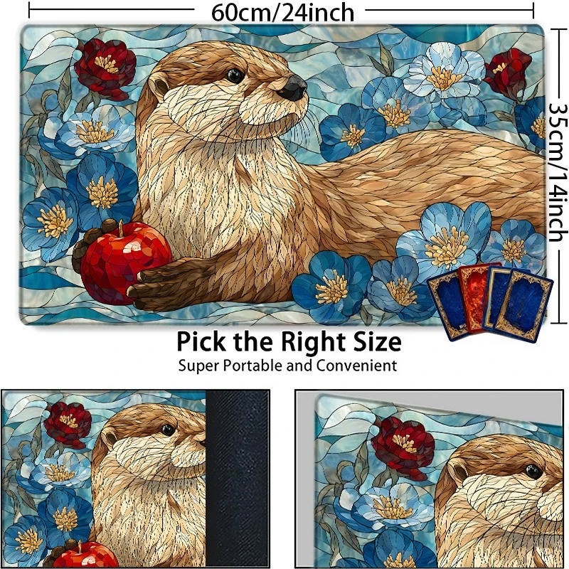 Cute Otter-themed painted glass game mat with anti-slip properties, suitable for trading card games, tabletop role-playing game