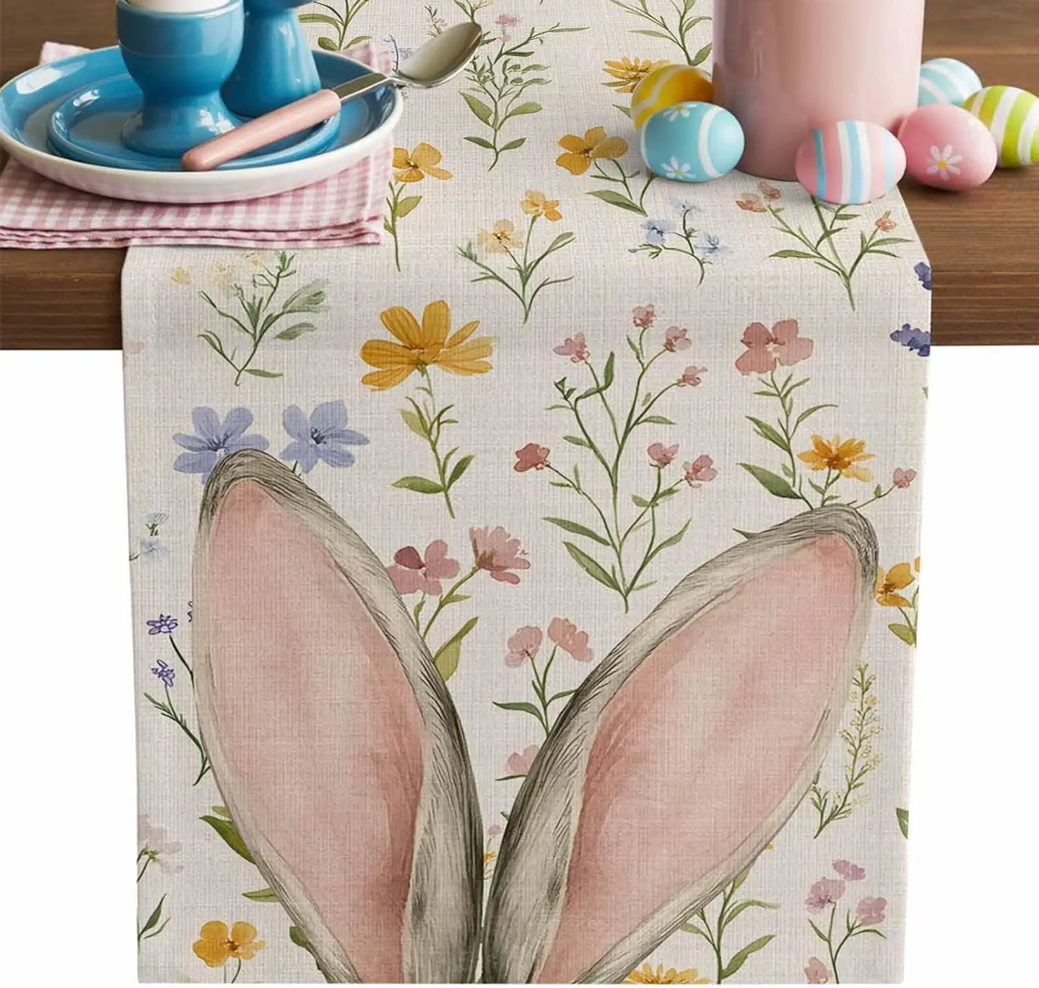 

Скатерть-дорожка на стол с ушками пасхального кролика, цветочным узором, льняная, для вечеринок, весенний акварельный цветочный декор, для кухни и обеденного стола, пасхальные украшения