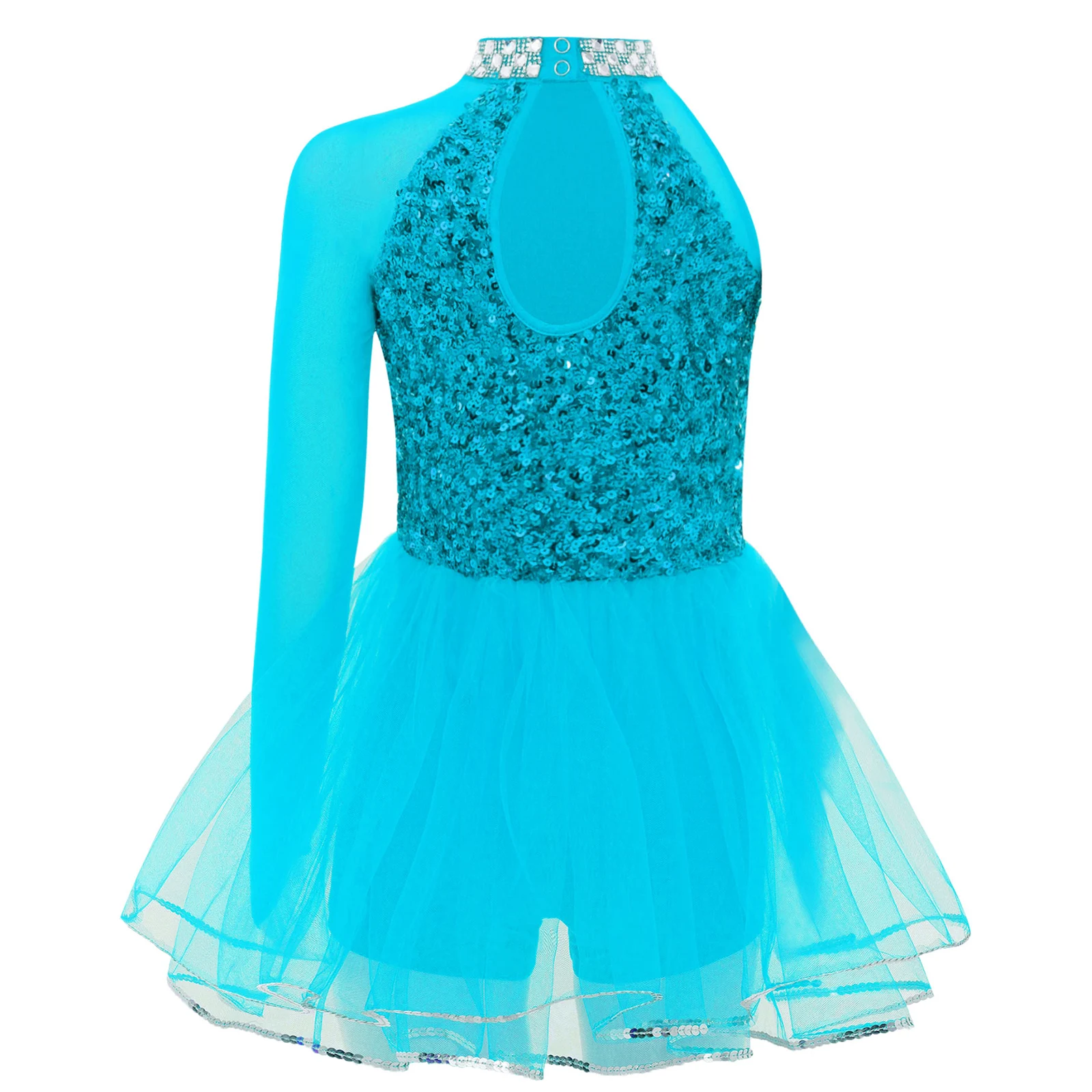 Kids Girls Jazz Ballet Dance Jumpsuit Asymmetrical Long Sleeve Sparkly Sequins Bodice Tulle Skirted Leotard Ballroom Performance