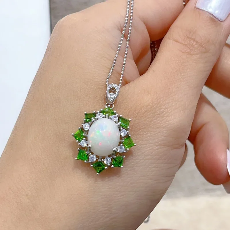 SACE GEMS New Trend S925 Sterling Silver 9*11MM Natural Opal Pendant Necklaces for Womne Engagement Cocktail Party Fine Jewelry