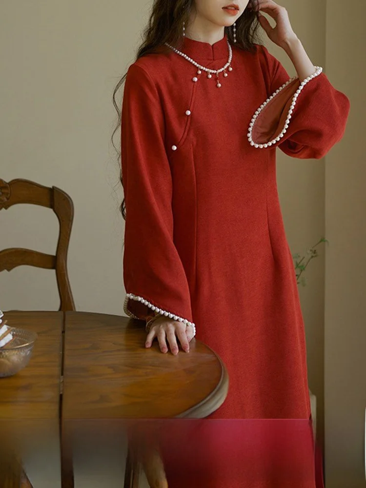 

Jiyunhe Improved Red Autumn Winter New Year's Wine Serving Dr Daily Sle Long Slant-Collar High-Waisted Skirt