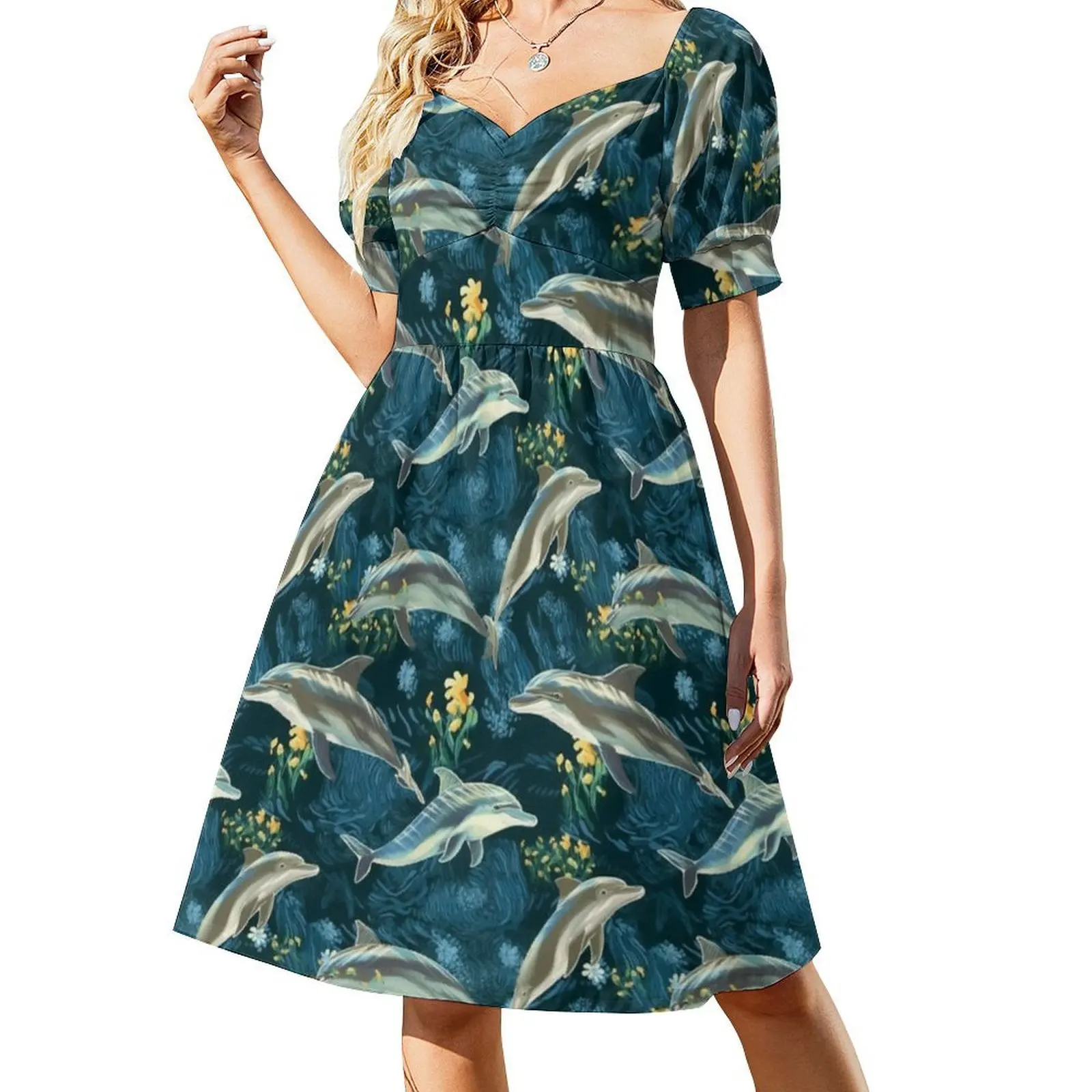 Splashy Sea Life-Dolphin Patterns On Our Products Sweetheart Neckline Dress Elegant Summer Party Dress For Women Dolphins