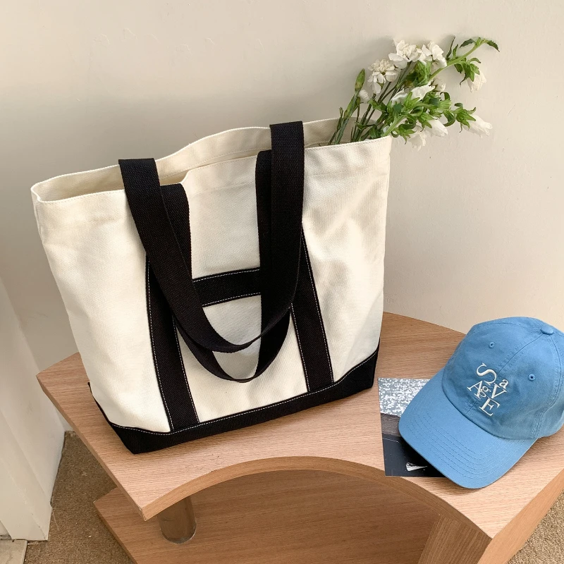 

Японская сумка через плечо в стиле колор-блок, вместительная сумка для поездок на работу, модная и универсальная сумка-тоут, повседневная полосатая сумка из холщовой ткани