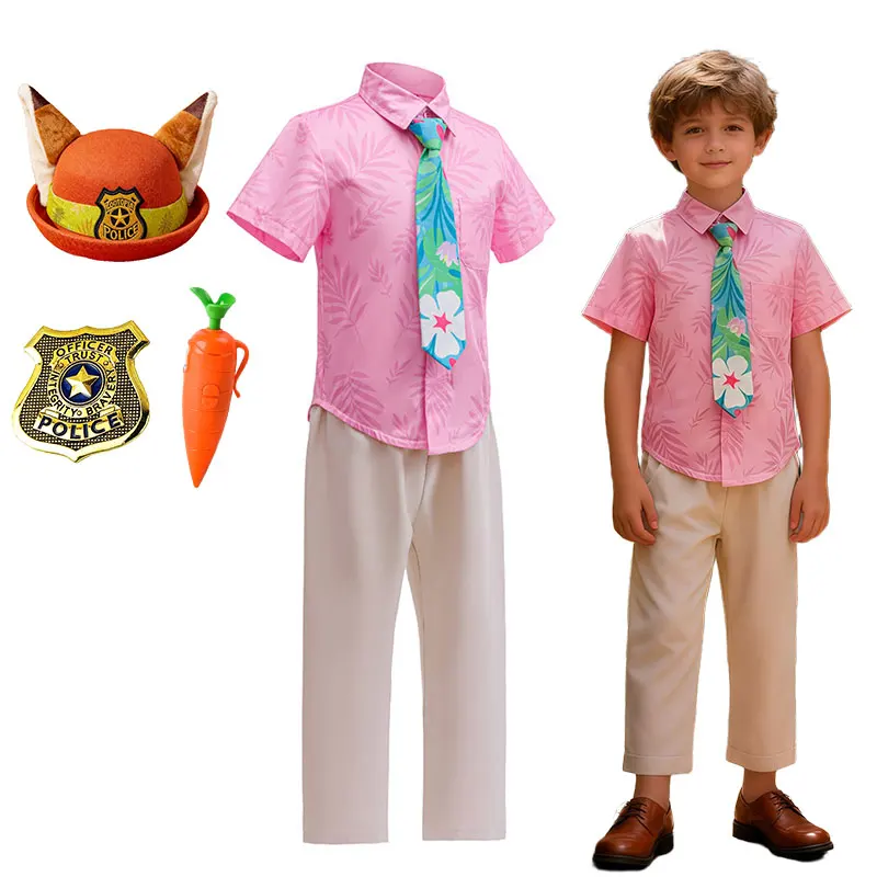 Kostüm für kleine Jungen: Fuchs-Polizist-Cartoon-Film-Charakter, rosa Hemd mit Fliege, Oberteil mit Hose, Outfit für Halloween, Karneval, Geburtstagsfeier