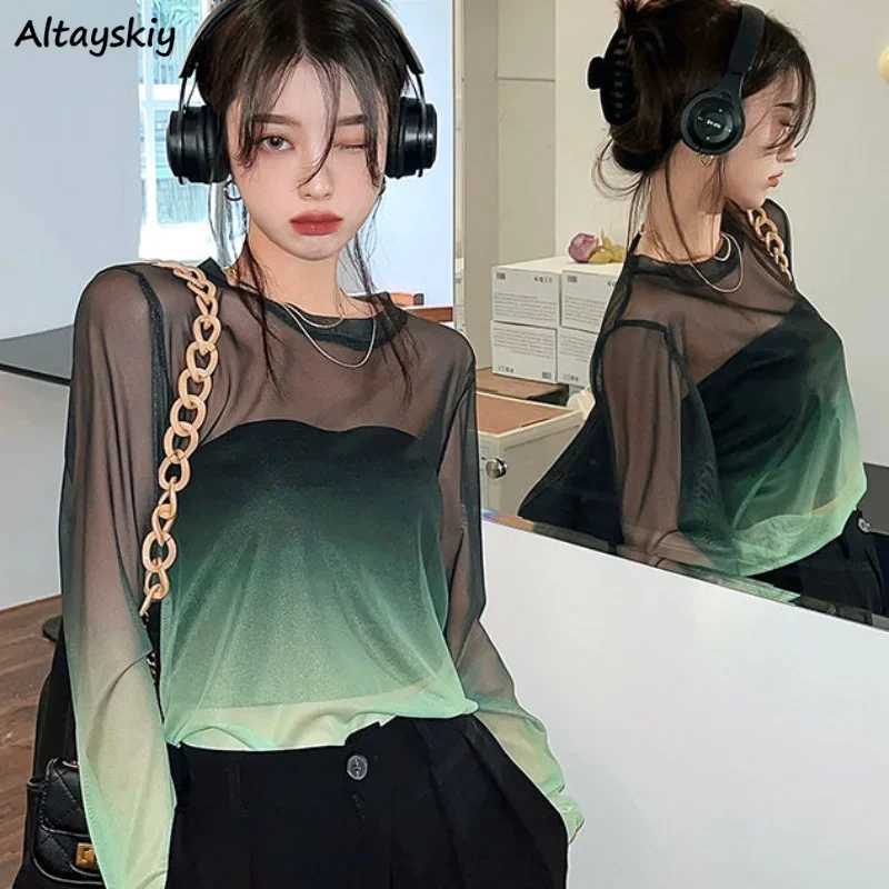 T-Shirts Women Summer Mesh Gradient Tops Long Sleeve Sexy Aesthetic Graceful Stylish Hot Girls Popular Ladies Ulzzang Chic Ins