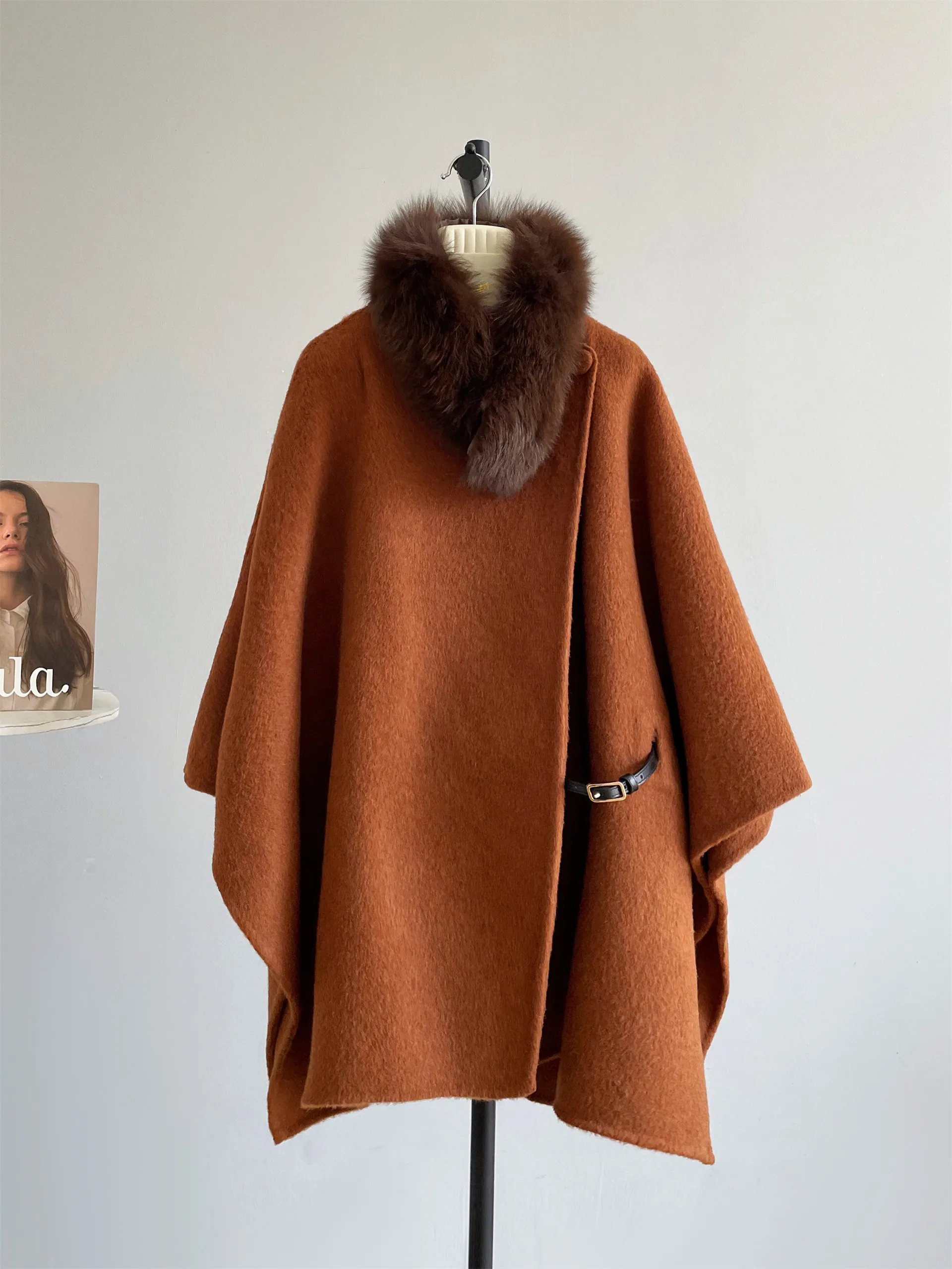 Korean Lazy Luxury Women Cape Double Faced Wool Coat Fox Fur Collar Buckle Belt Loose Woolen Outerwear Autumn Winter Hand Sewn