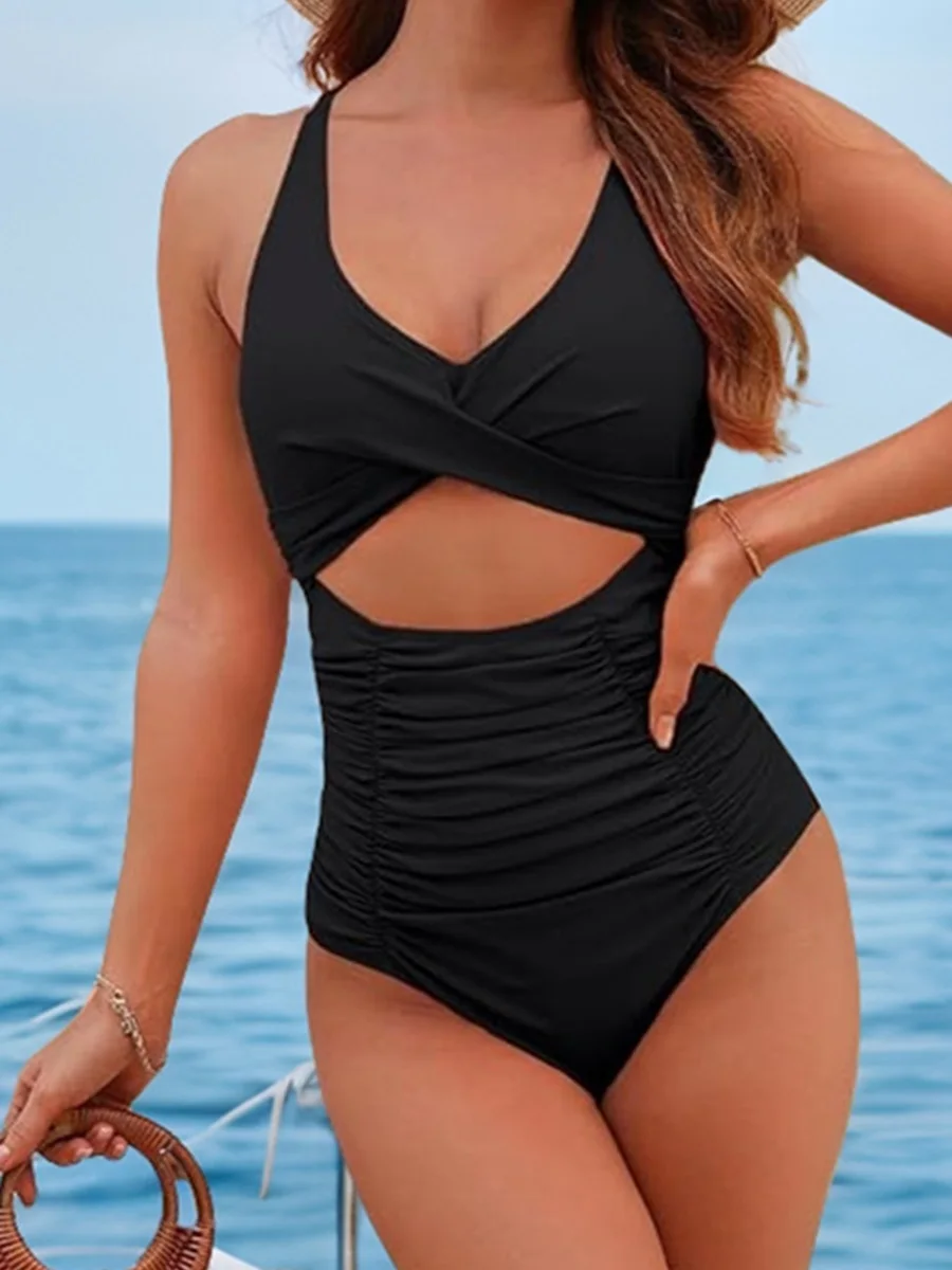 S - XL Hollow Out V Neck Cross Back Wrinkled Women Swimwear One Piece Swimsuit Female Monokini High Cut Leg Bathing Suit Swim