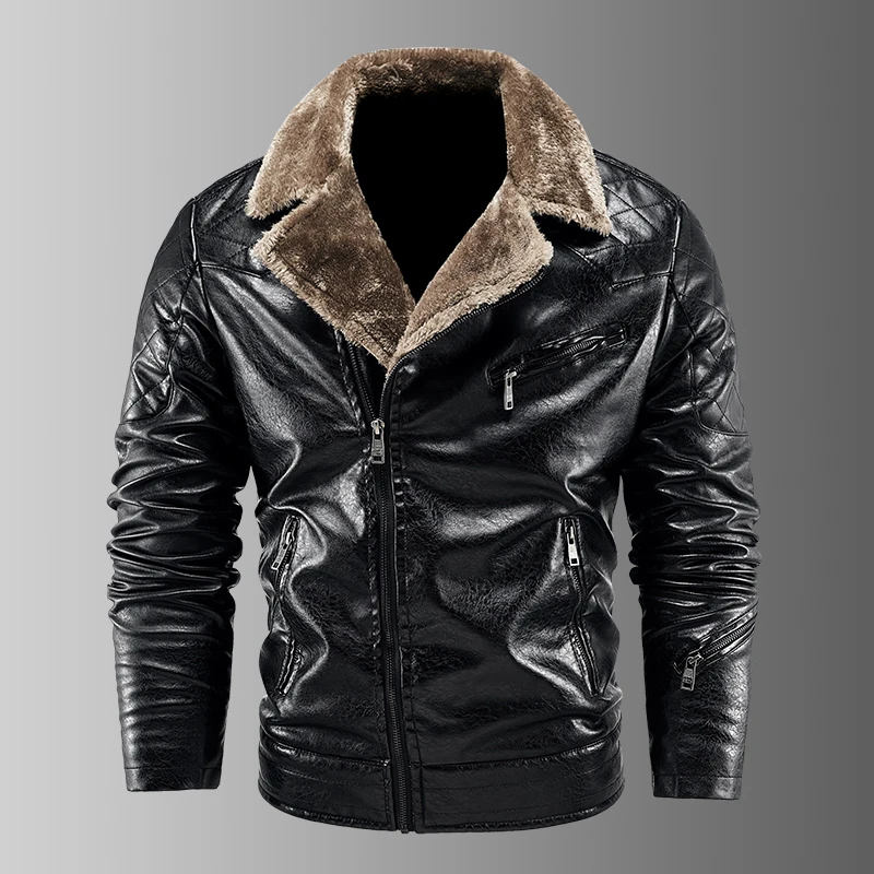 

Fashion Warm Winter Men's PU Leather Jacket Fur Collar Thicken Fleece Coat Men Winter Outdoor Casual Motor Biker Leather Jacket