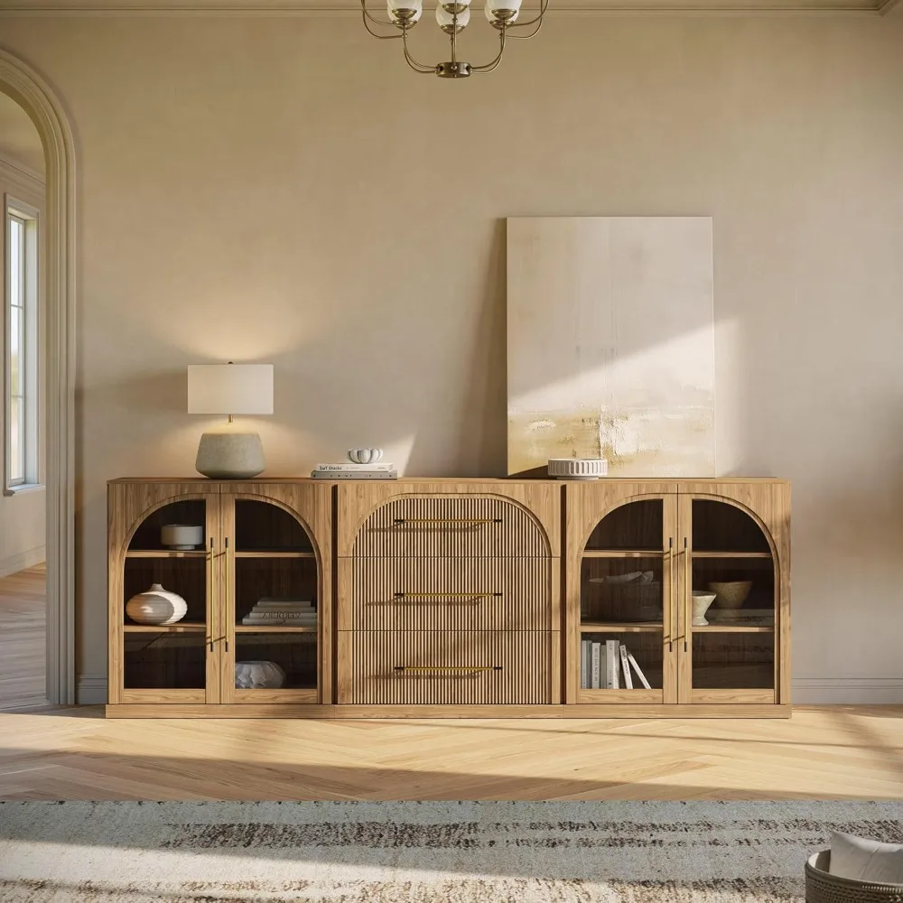 

3-Piece Modular Sideboard Set Freely Configurable, 2 Arched Glass Door Cabinets and 1 Drawer Buffet Cabinet with Storage