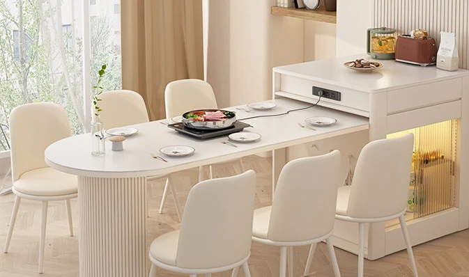 

The dining table is integrated, stretchable, light luxury small apartment, living room and dining room, a table and six chairs