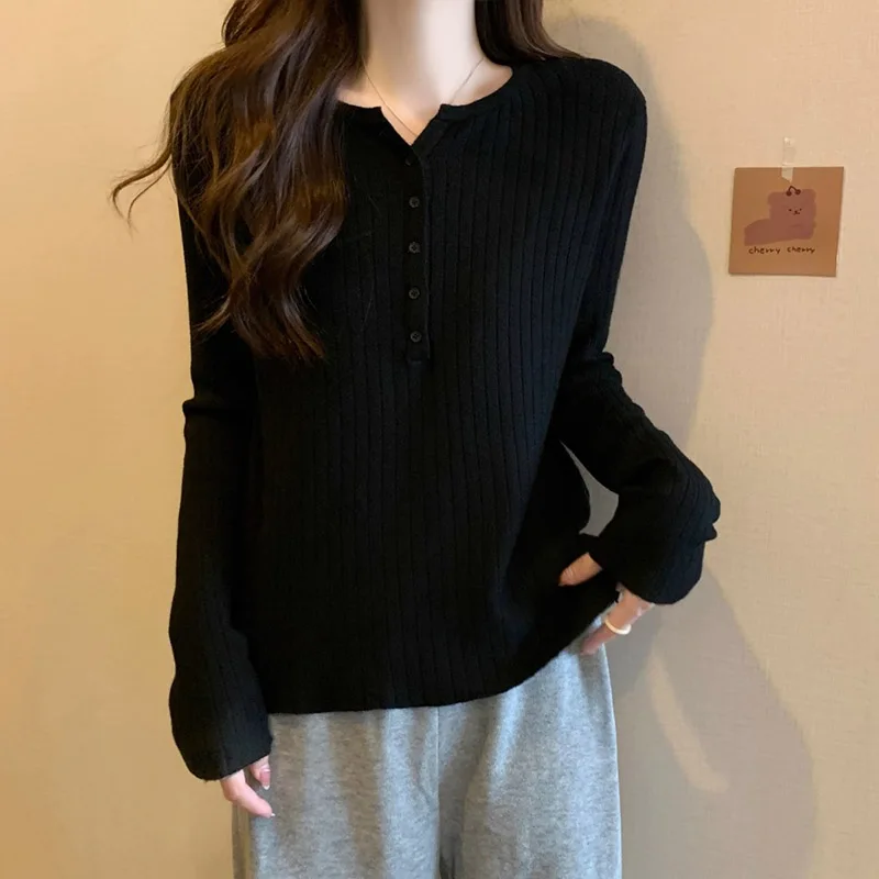 Spring Autumn New V-neck Long Sleeve Knit Pullovers Women Clothing Casual Fashion Solid Button Sweaters All-match Elegant Tops