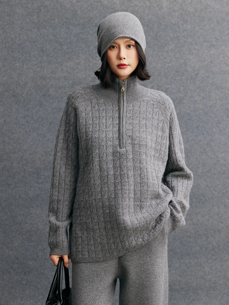 TLOML Neue frauen 100% Kaschmir Pullover Zipper Zopfmuster Pullover Kaschmir Strickwaren Herbst Winter Dicke Weiche Lose Casual Tops