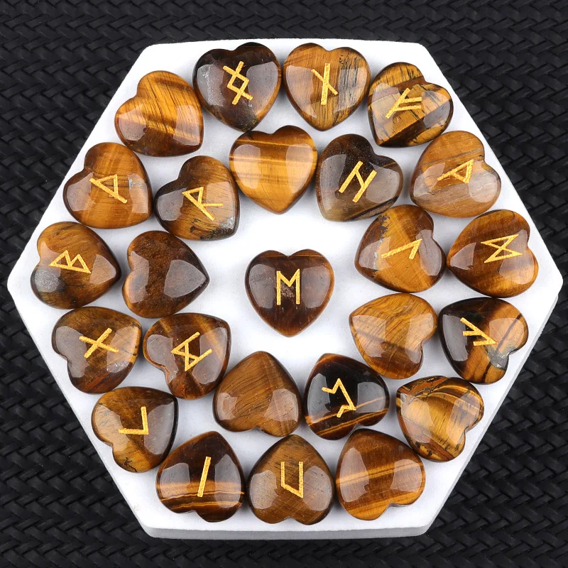 25PCS Natural Crystal Stone Bead Set Heart Shape Runes Heaven Book Stone Divination Reiki Specimen Healing Gift Decoration 20mm