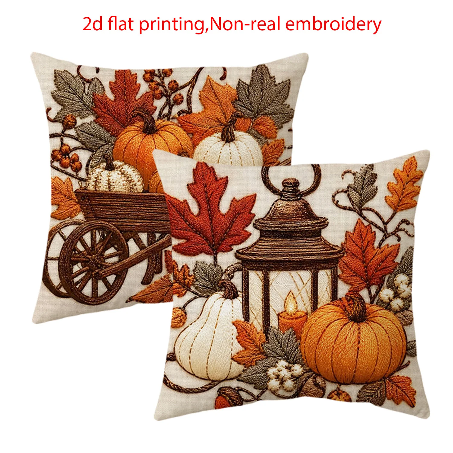 2PCS Embroidery Style Pumpkin Cart Lantern Print Pillow Covers Fall Farmhouse Decorative Throw Pillow Sofa Couch Home Decor