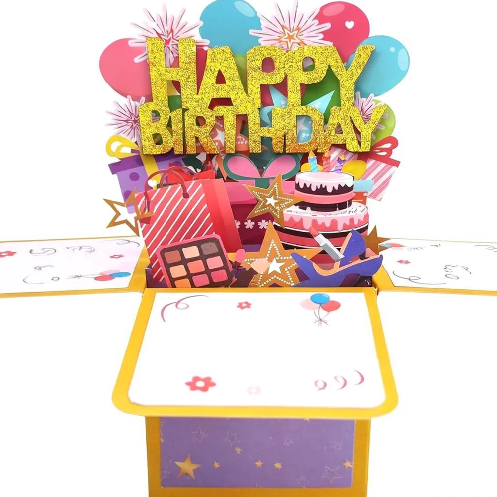 Stunning 3D Birthday Pop Up Card Laser Cut Glitter Powder Box Decorative Blessing Note For Special Day Celebration