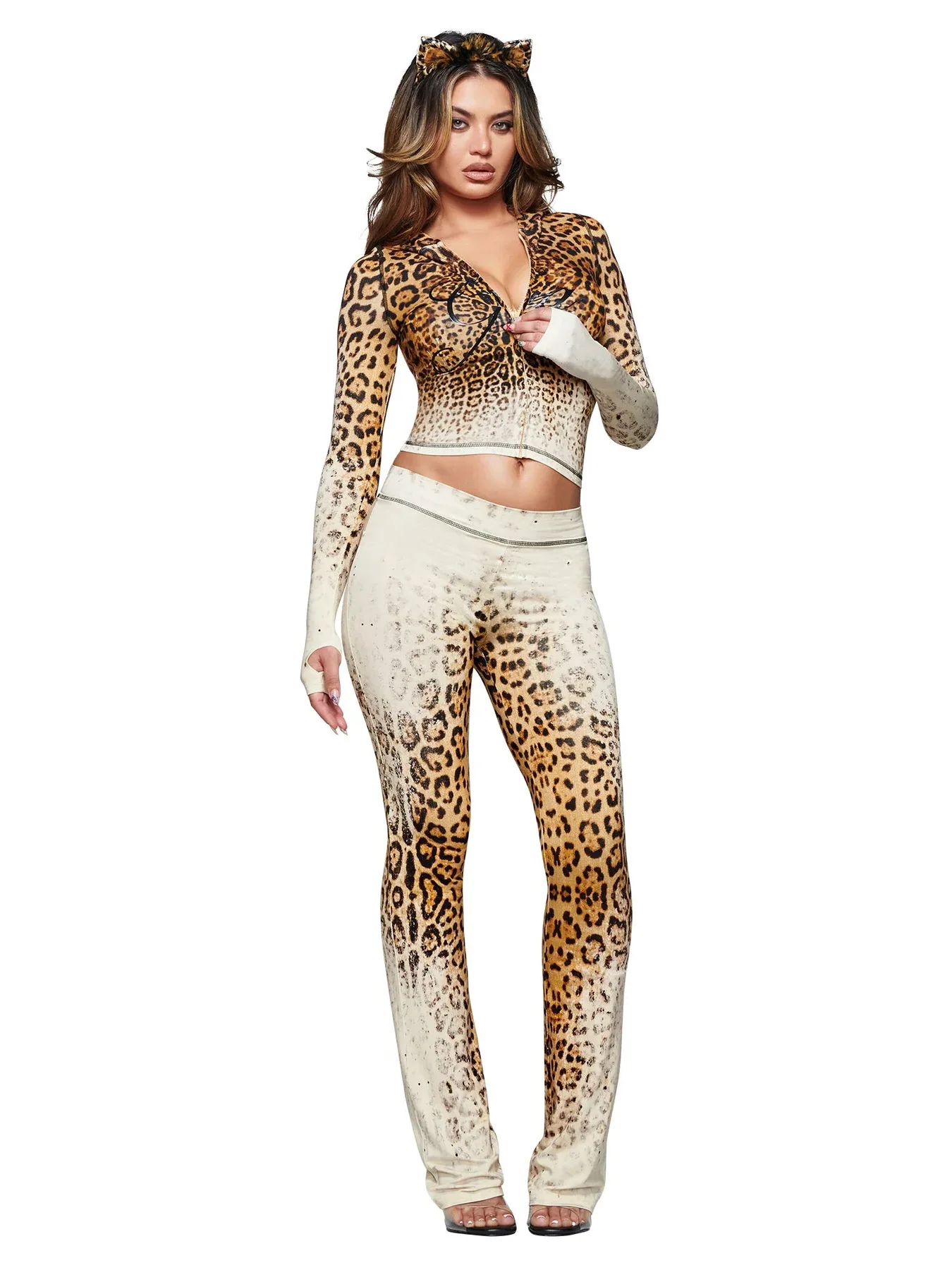 Fashion Gradient Leopard Print 2 Piece Sets Woman Hooded Zip Full Sleeve Crop Jackets And Flare Pants Trend Streetwear