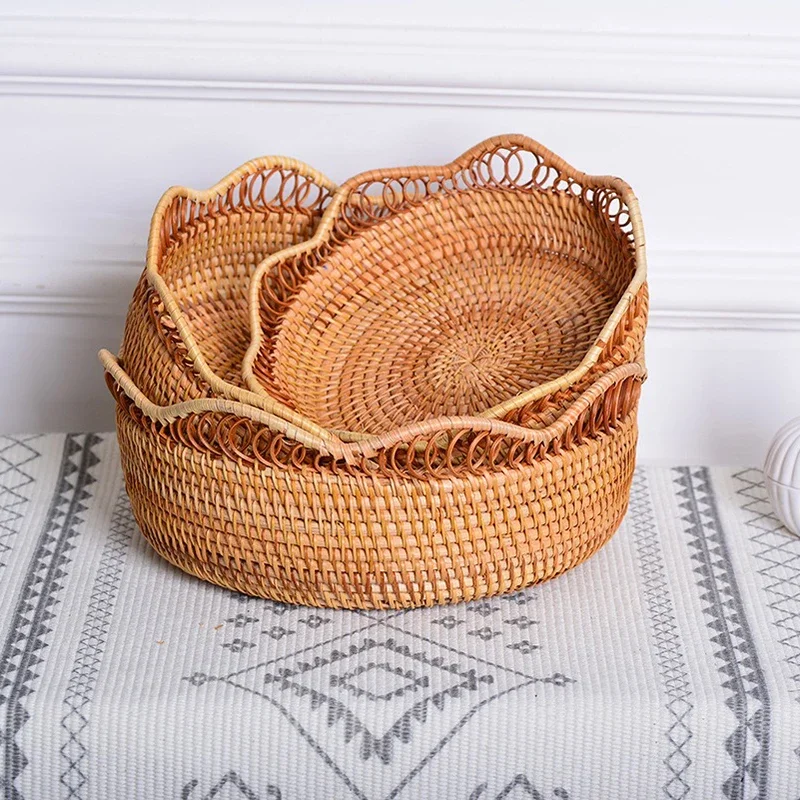 New Handwoven Storage Basket Rattan Storage Tray Wicker BasketBread Fruit Breakfast Tea Picnic basket Kitchen StorageBasket