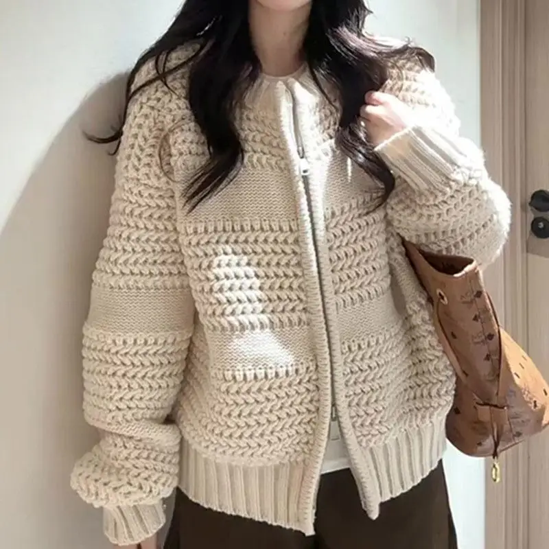 Vintage twist double zipper sweater cardigan jacket women's autumn and winter lazy senior loose knitted sweater