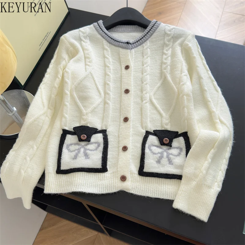 

Корейский сладкий розовый вязаный кардиган женский, осень-зима 2025 г., корейский ленивый дизайн, свитер с бантом, куртка, верхняя одежда, трикотаж, джемперы