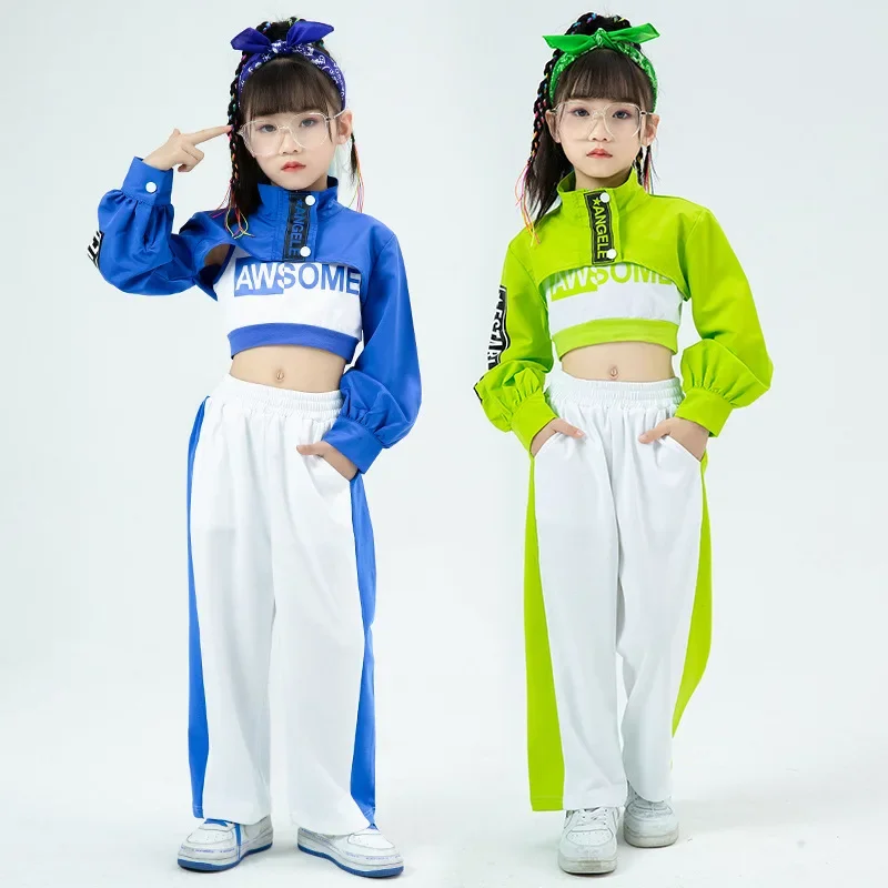 Disfraz de Jazz para niñas, ropa de Hip Hop, Tops de manga larga, pantalones casuales de Hip Hop para niños, Ropa de baile moderna de rendimiento, verde y azul