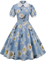 2024 New Retro Women Dress Floral Print Peter Pan Collar Elegant Party Dress Vintage Puff Short Sleeve Pin Up 50s Party Sundress