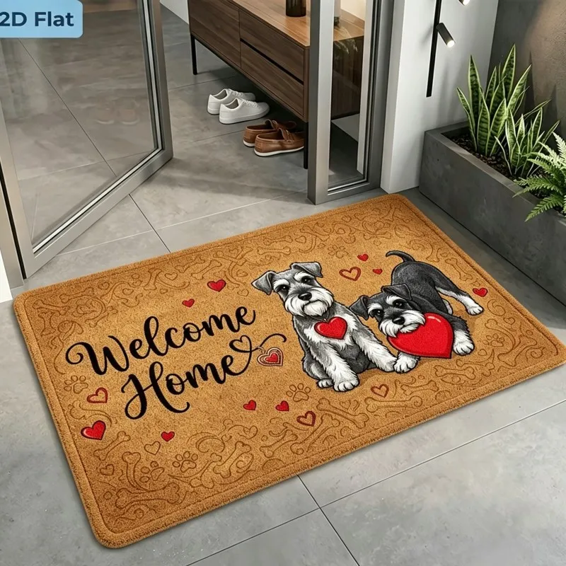 Schnauzer Welcome Home Coir Mat Brown Background Red Heart Bone Paw Print Non Slip Natural Fiber Door Rug For Pet Lover Entryway