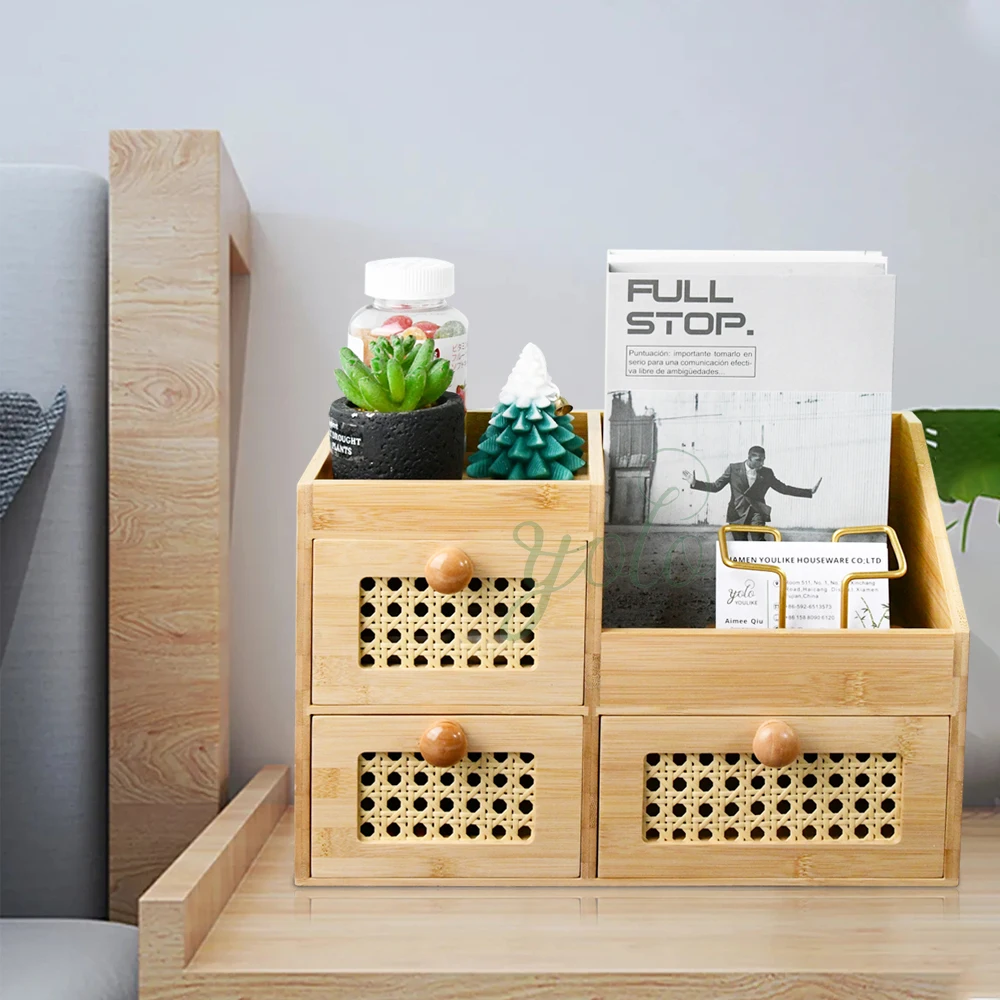 Small Kitchen Bamboo 3 Drawers Storage Organizer Box Tools Cabinet For Cutlery Spice Bottle Book Stationery Jewelry Wardrobe