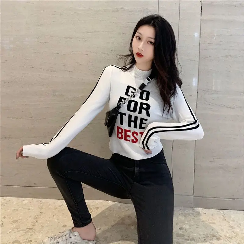 Autumn Korean Women Clothing Letter Half Height Collar Long Sleeve Pullovers Female Trend All-match Slim Striped T-Shirts Tops