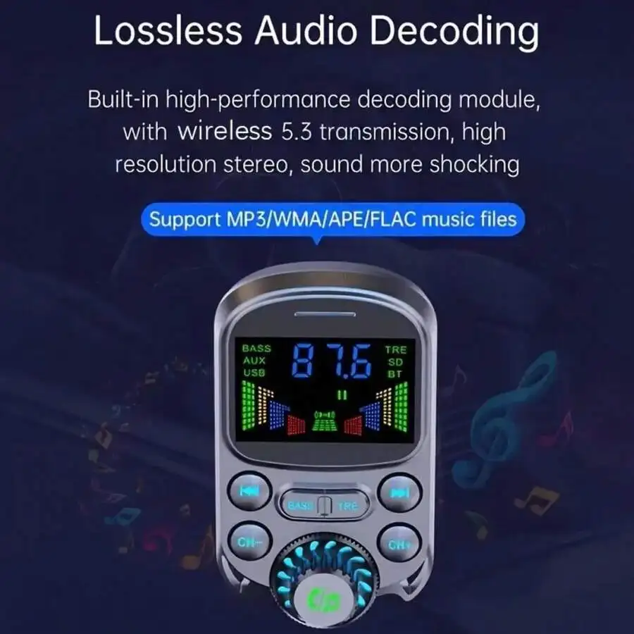 

Lossless Audio Decoding Car FM Transmitter Bluetooth 5.3 With 30W QC3.0 PD Fast Charge, AUX Input, Bass Boost, MP3 Playback
