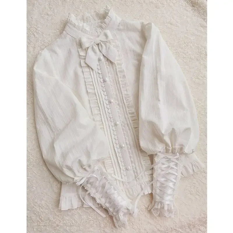 Cotton Lolita Shirt Lace Ruffle Jacquard Long Gigot Sleeves Women Sweet Button Up Tops Blouse With Bow Tie Elegant Girls Shirt