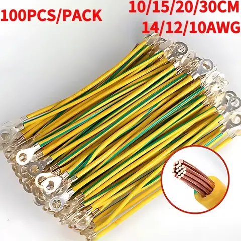 100 PCS BVR PV 태양 광 발전 접지선 터미널 14/12/10AWG 접지선 구멍 5/6/8mm 노란색-녹색 구리 접지 케이블