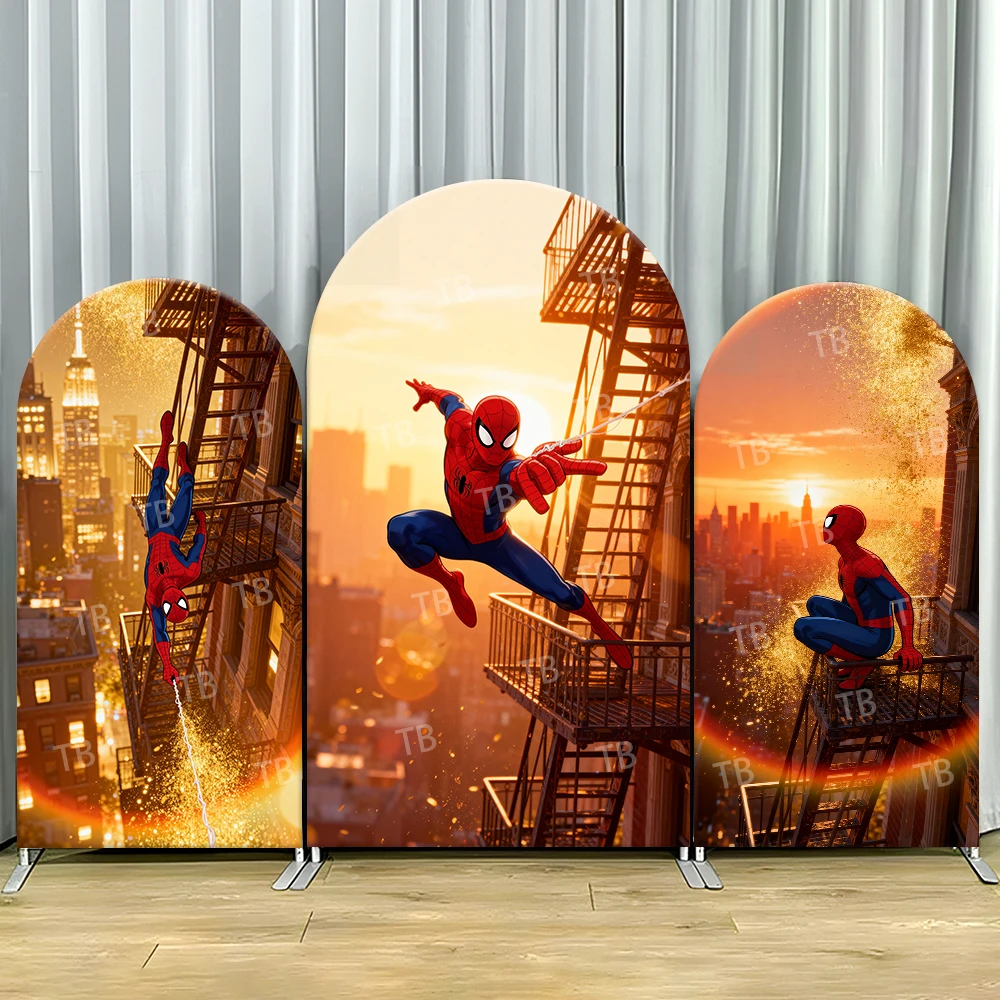

Spider-Man City Sunset Arch Backdrop Cover Action Scene For Kids Birthday Party Dynamic Cartoon Theme Photo Booth Decor Prop