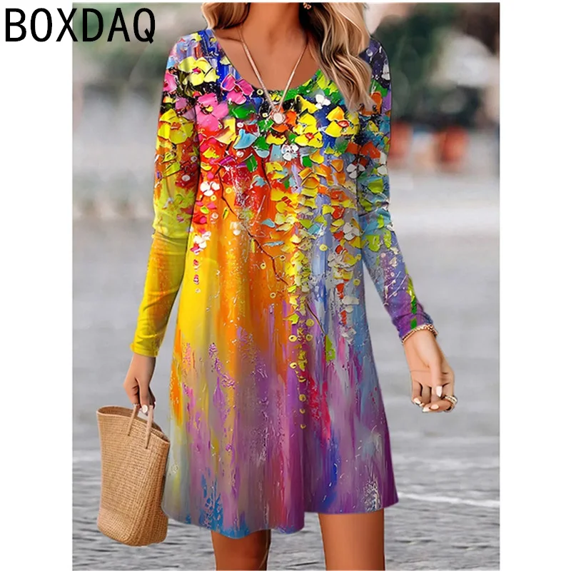 Vintage Boho Floral Elegant Women Dress 2023 New Autumn Long Sleeve O-Neck A-Line Dress Big Size 6XL Casual Loose Dress Vestidos