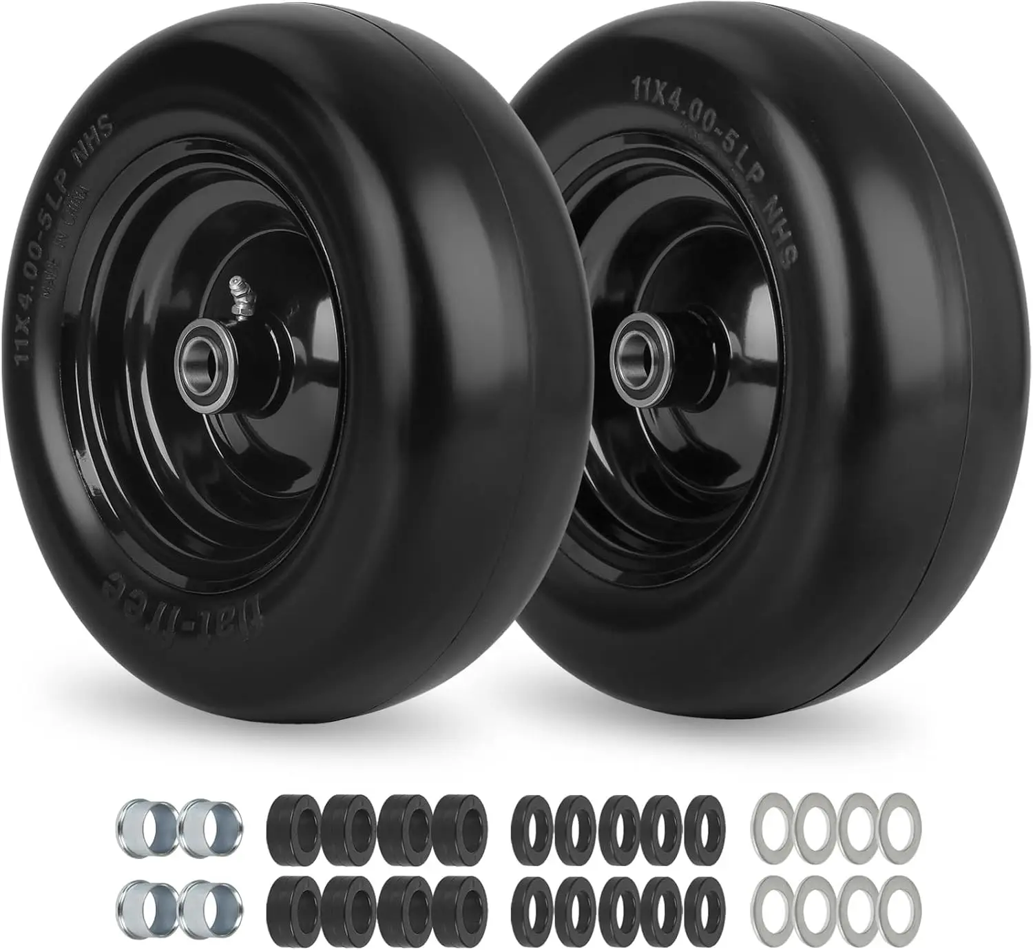 

11x4.00-5 Flat Free Lawn Mower Tire and Wheel with Bearing Bore Options, Centered Hub, Smooth Tread for Zero Turn Mowers, 2 Pack