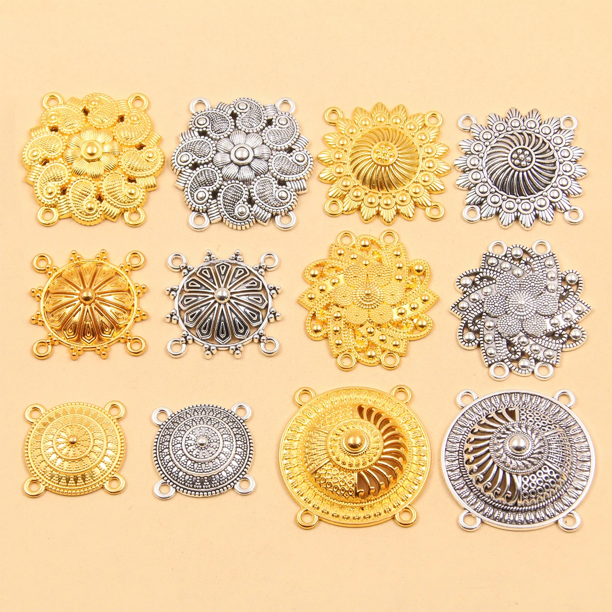 10PCS Mix Size Style Two Color Necklace Charm Women Jewelry Fashion Porous Connector Geometric Round Flower Pendant Necklace