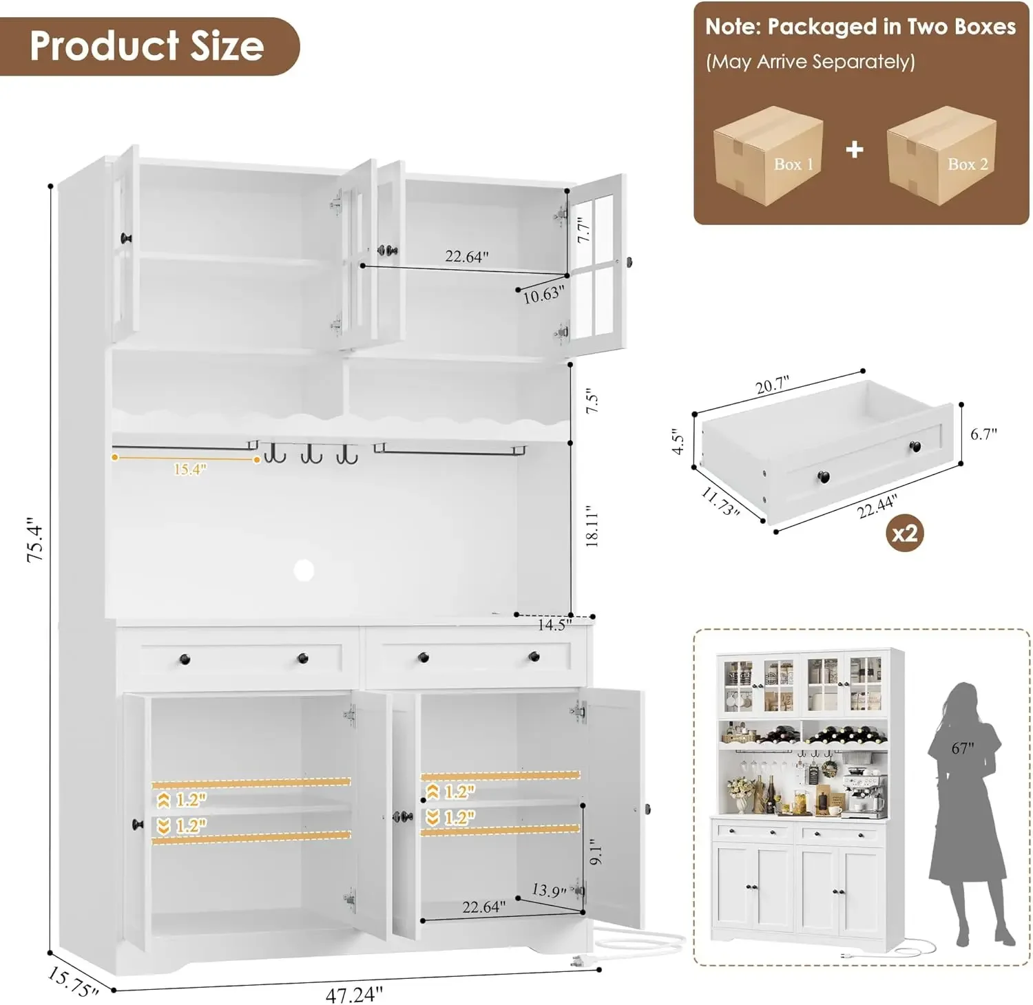 [Preço com desconto! ] Armário de despensa de cozinha de 75,4" de altura com estação de carregamento, gaiola de cozinha branca moderna com suporte para micro-ondas e