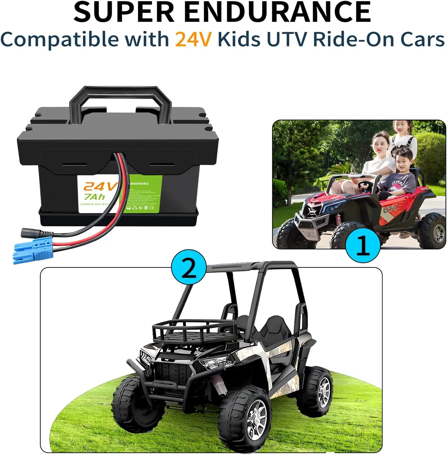 24V 7Ah Lithium Battery Ride On Cars Toys Power Wheels Compatible Realtree UTVs Lightweight Long Lasting 2A Fast Charger Size 8.