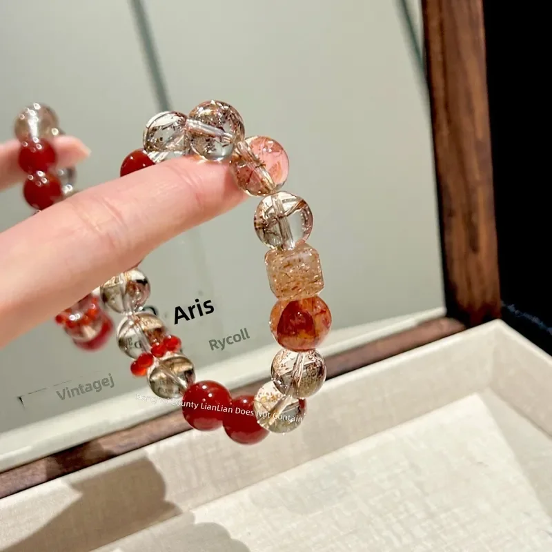Gold foil koi natural crystal bracelet red glue flower black gold super red agate exquisite high-end fashion bracelet chain