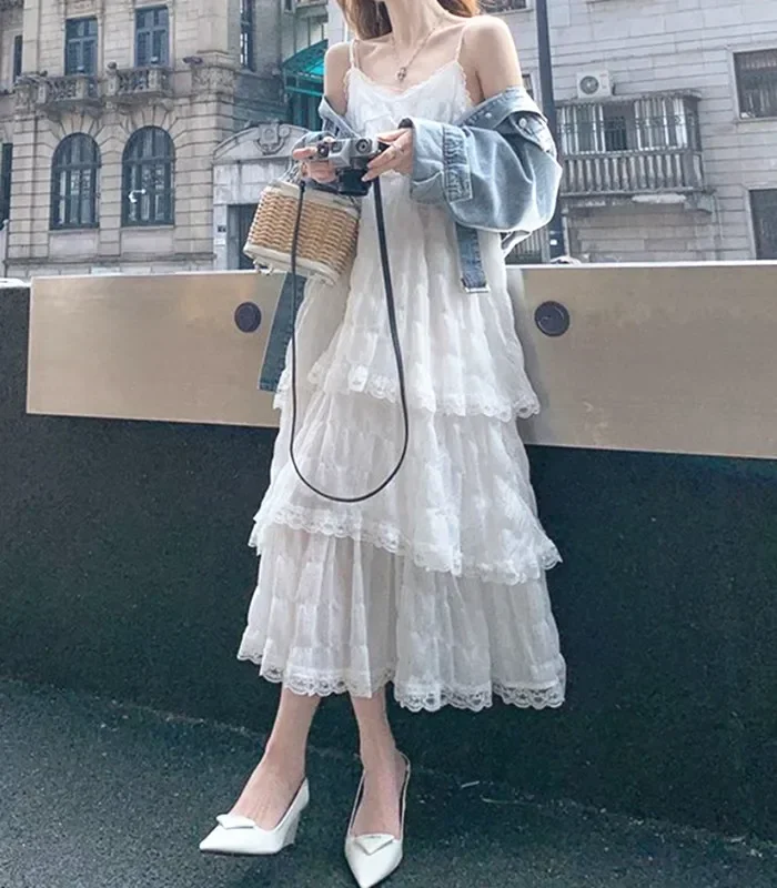 Estate Befree lungo vintage casual volant elegante maxi cinturino camis setoso spiaggia pizzo elegante abito da festa abiti donne sexy