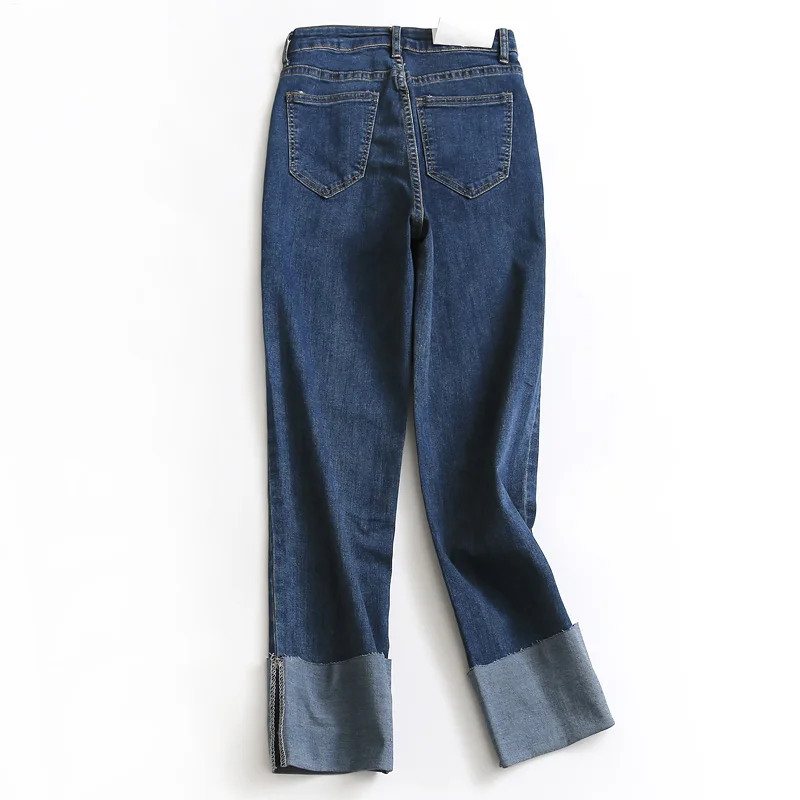 T347 Pure Color Cuffed Straight Leg Jeans Women's Elastic Waist Denim Pants Spring  High Waist Long Cotton Stretch Denim