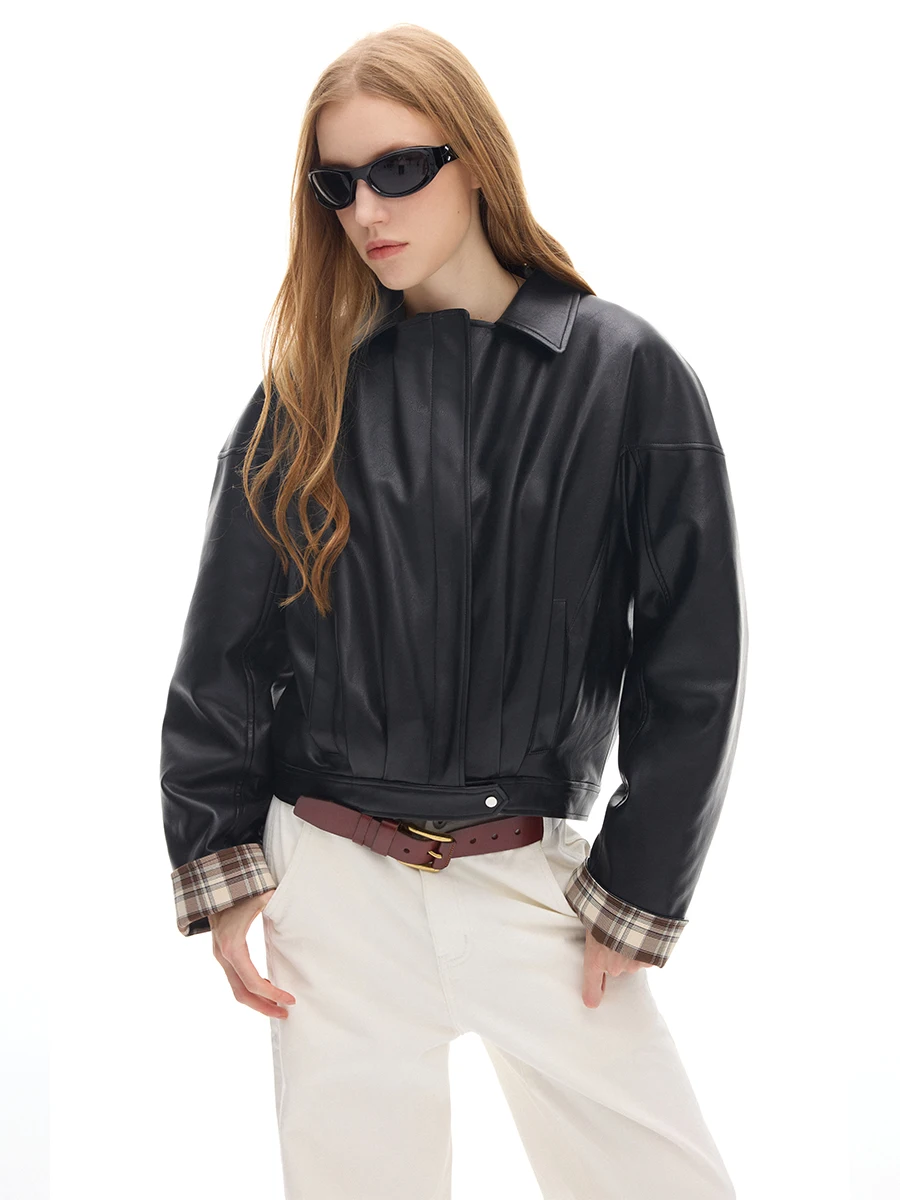 Retro xadrez motociclista couro jaet gola feminina design emenda outerwear couro do plutônio longo sve fechamento com zíper ajuste regular